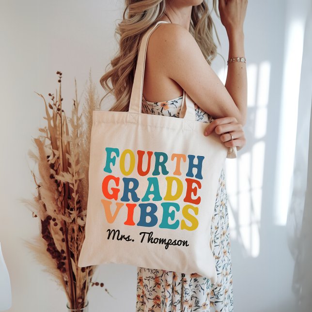 Tote Bolsa Personalizada para Professora do Quarto Ano, (teacher tote bag, retro teacher gift, teacher appreciation gift, custom teacher bag, fourth grade)