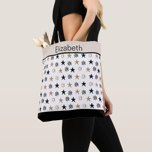 Tote Bolsa preta com estrelas douradas monogramada (Close Up)
