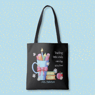 Tote Bolsa preta de Teacher com Citação e Nome