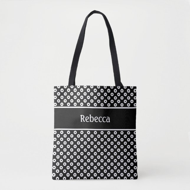 Tote Bolsa Preta e Branca com Pontos e Faixa de Nome (Frente)