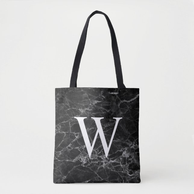 Tote Bolsa Preta Mármore com Monograma Inicial (Frente)