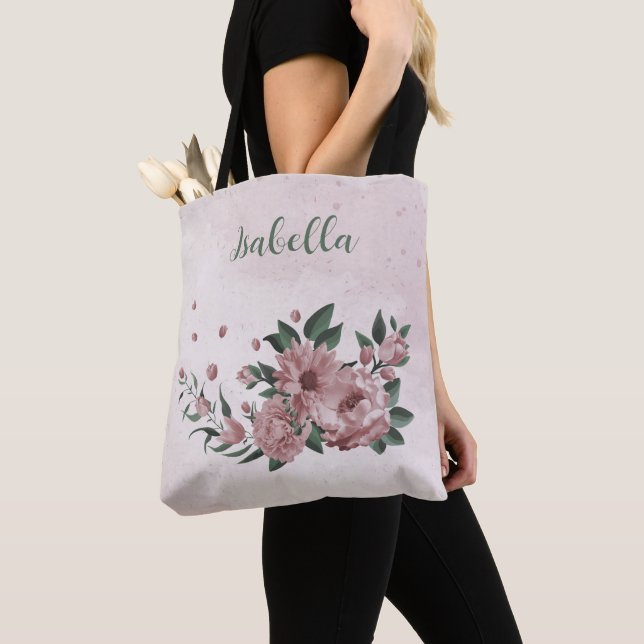 Tote Bolsa romântico flores rosa e folhas verdes (Close Up)
