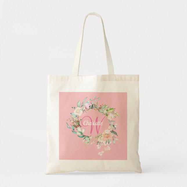 Tote Bolsa Rosa Floral Monograma Dourado Rosa Script (Frente)