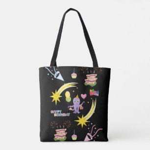 Tote Bolsa Tote, polvo roxo preto Feliz Aniversário