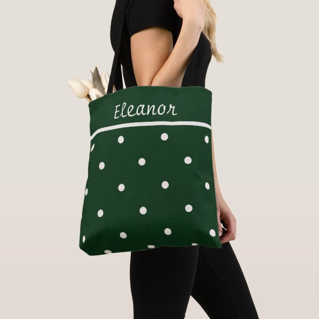 Tote Bolsa verde com pontos cream - Perfeito para feria (Close Up)