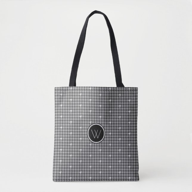 Tote Bolsa Xadrez Cinza com Acento Prateado (Frente)