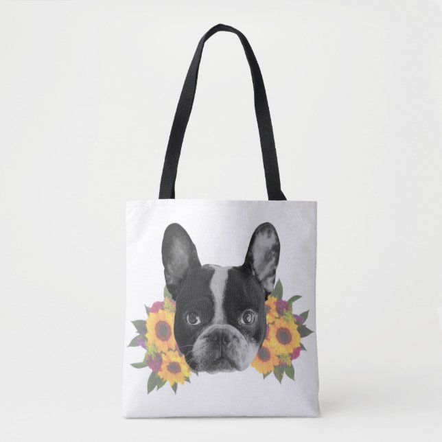 Tote Buldogue francês e Bolsa de Flores (Frente)