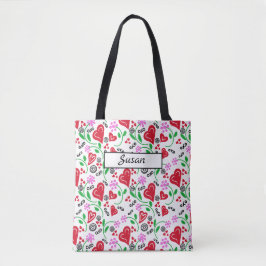 Tote Corações Vermelhos Flores Rosa Bolsa