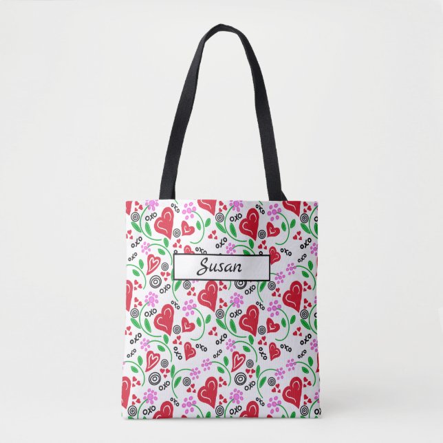 Tote Corações Vermelhos Flores Rosa Bolsa (Frente)