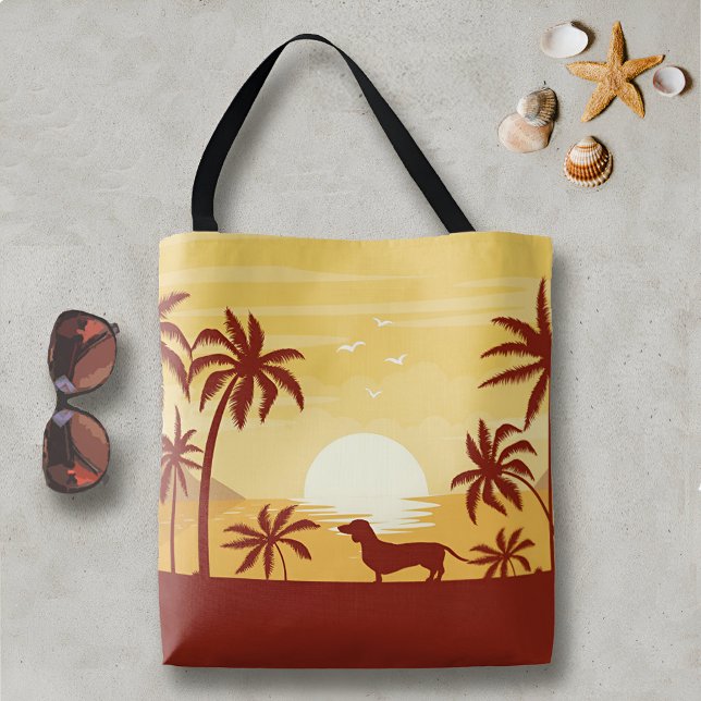 Tote Dachshund Bolsa de praia uma Palmeira Sunset (Dachshund sunset palm trees ocean beach bag for wiener dog mamas)