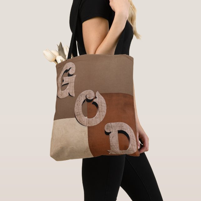 Tote "DEUS" declaração ousada Bolsa lateral bege e marr (Close Up)
