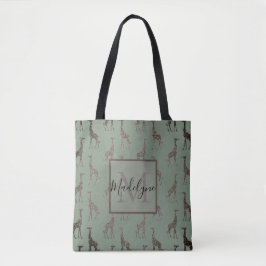 Tote Dourada Girafa na Bolsa do Monograma Verde Sage