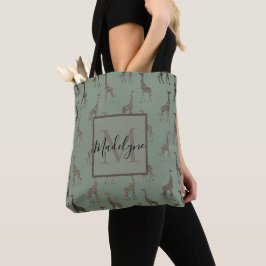 Tote Dourada Girafa na Bolsa do Monograma Verde Sage