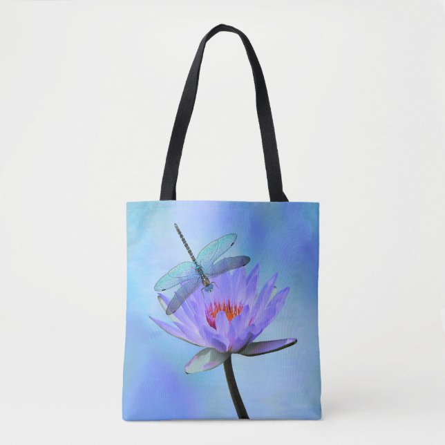 Tote estampado com libélula sobre lírio de água (Frente)