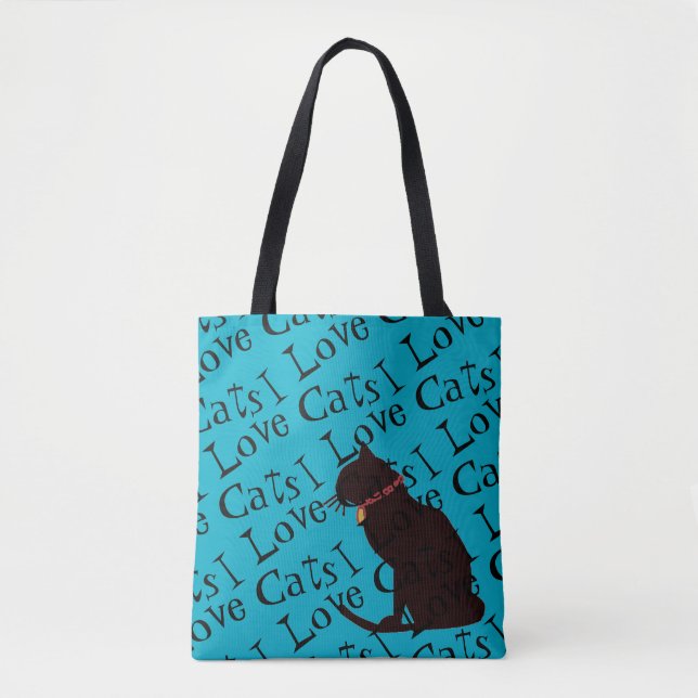 Tote Eu Amo Bolsa de Gráfico Azul de Gatos (Frente)