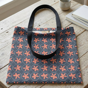 Tote Floral Retro dos Anos 70 Azul Marinho e Rosa