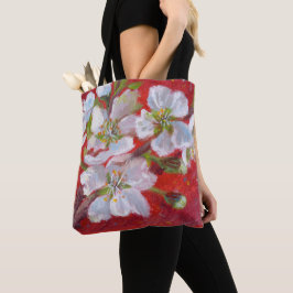 Tote Flores brancas da árvore no bolsa vermelho do