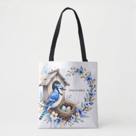 Tote Geai bleu sur nichoir – Illustration florale 