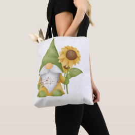 Tote Gnomo segurando um girassol e notas em uma bolsa d