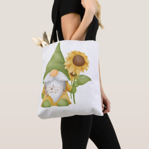 Tote Gnomo segurando um girassol e notas em uma bolsa d