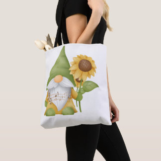 Tote Gnomo segurando um girassol e notas em uma bolsa d