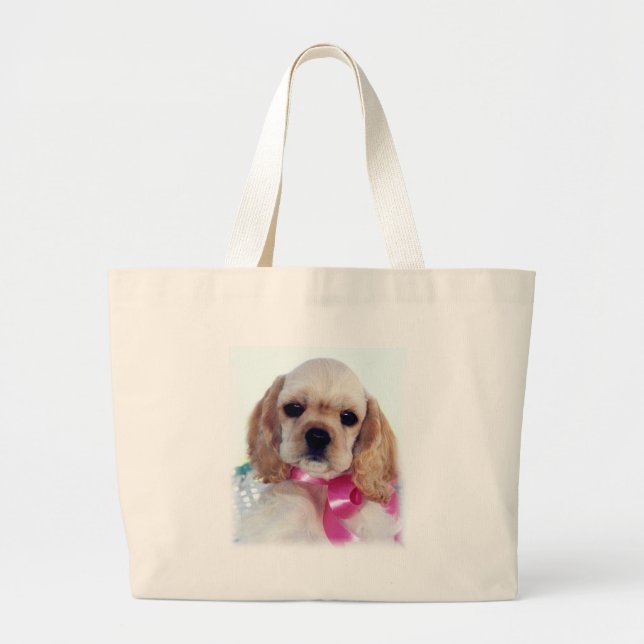 Tote Grande A bolsa de praia amarela de cocker spaniel (Frente)