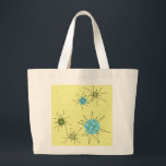 Tote Grande Bolsa de Estrelas Atômicas Icônicas Amarelas<br><div class="desc">Esta bolsa de tote de padrão Icônico de Impulsos Atômicos Amarelos apresenta rajadas atômicas icônicas. Isso mesmo! A antiga escola, de cor amarela com pincéis de ouro é o pano de fundo perfeito para a vibrante turquesa, o aipo de salga, e os círculos verdes cor de pera de cozinha. As...</div>