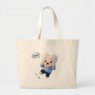 Tote Grande Bolsa de Lona Natural com Personagem de Dente Fofo