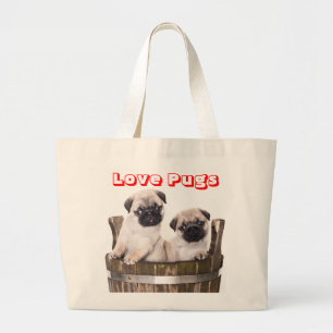 Tote Grande Love Pugs Puppy Dog em Bolsa de Wooden Crate