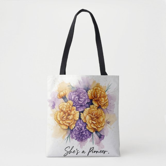 Tote Inspirando cravos, "Ela é uma pioneira" Bolsa Flor (Frente)