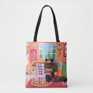 Tote Labradors no bolsa da sala Sewing da mãe