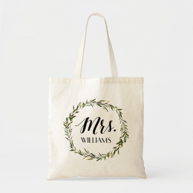 Tote Leaf Script Bolsa | Sra. com nome personalizado (Frente)