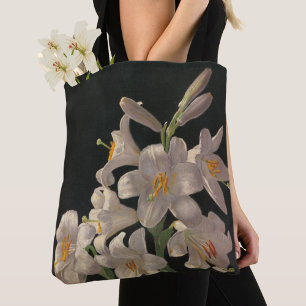 Tote Lindos lírios brancos da Vintage em Bolsa preto
