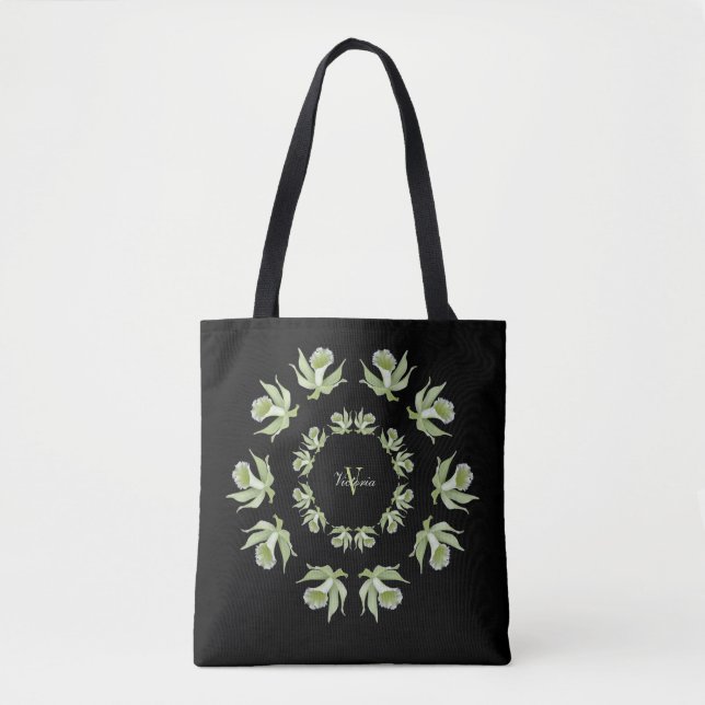 Tote Luz - orquídeas verdes no bolsa preto do ombro (Frente)