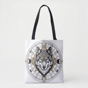 Tote Mandalas de Lobo Místico Fases da Lua Bolsa Boho