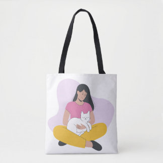 Tote Menina com Gato – Bolsa de Compras Minimalista par