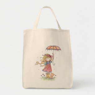 Tote Menina e Gatinho Fofo na Bolsa sob a Chuva
