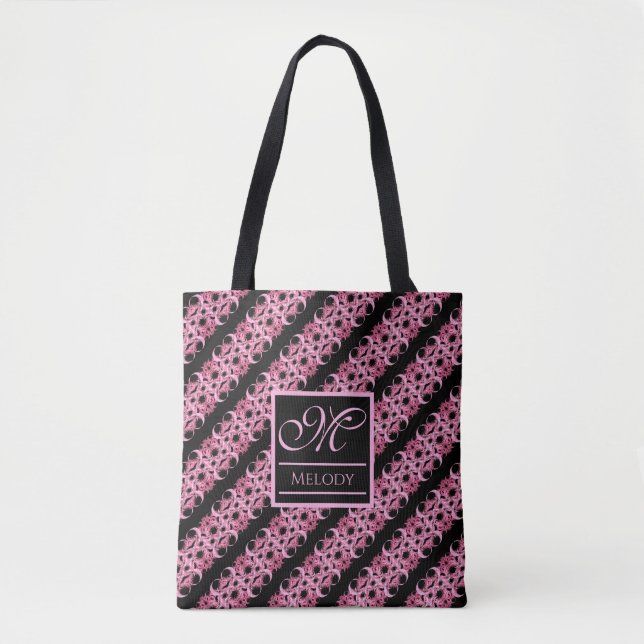 Tote Monograma Em Bolsa Rosa Fractal E Preto (Frente)