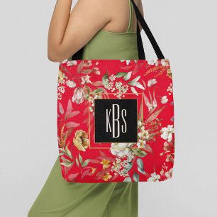Tote Monograma, Florais de Belas Artes Vermelhas Bolsa