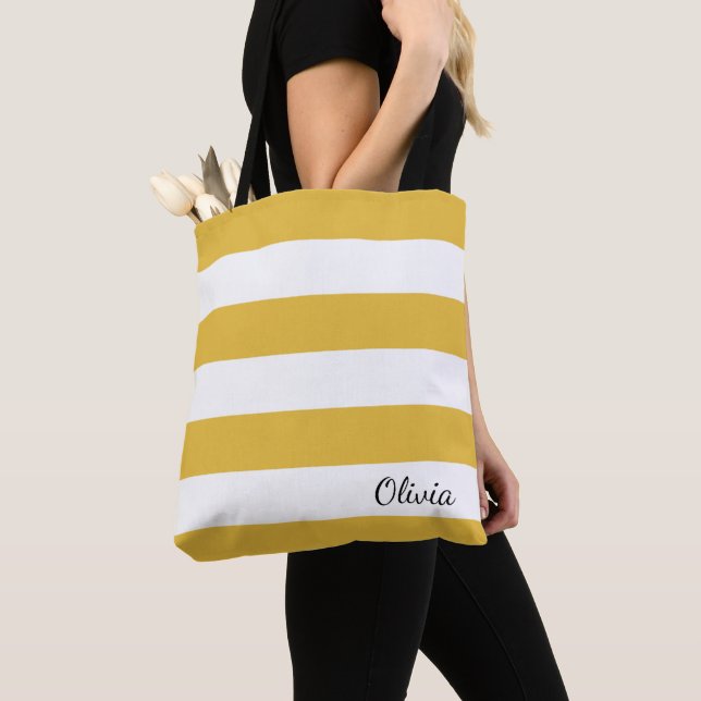Tote Mostarda personalizada e Bolsa com risca branca (Close Up)