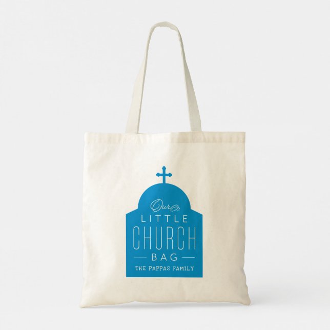 Tote Nossa pequena sacola de igreja azul, bolsa de cúpu (Verso)