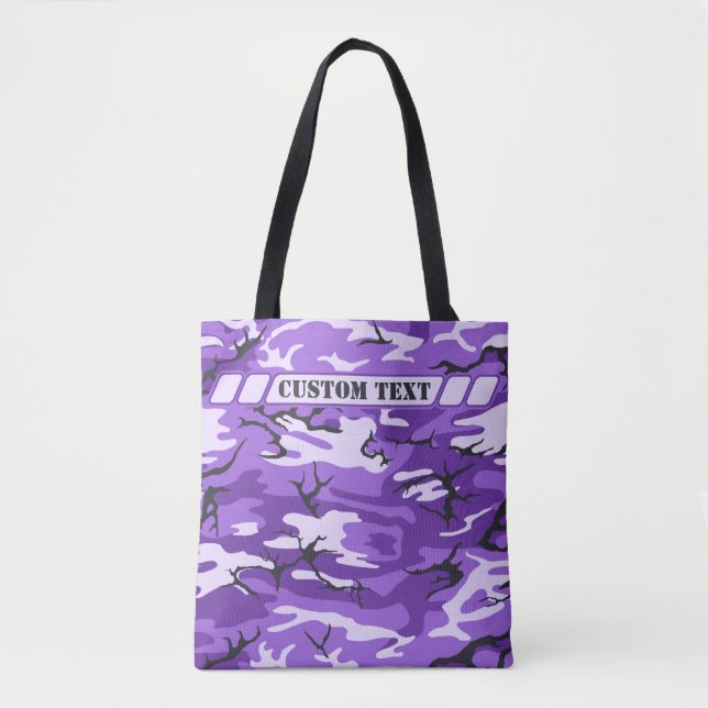 Tote O bolsa roxo de Camo com texto feito sob encomenda (Frente)