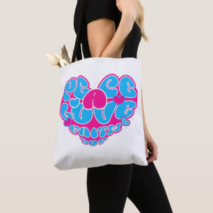 Tote Peace Love Faith Joy Aqua Pink Heart Bolsa