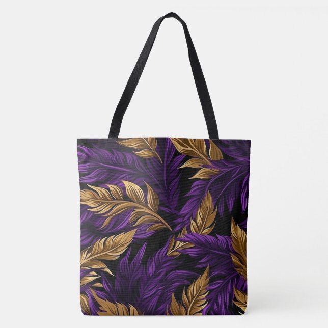 Tote Púrpura e Dourada Folha Floral Grande Bolsa (Frente)