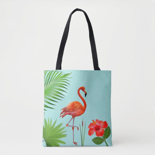Tote Red Flamingo, Hibiscus e Tropical Palm Folm Bolsa (Frente)