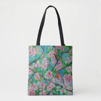 Tote Robin na cerejeira floresce numa bolsa