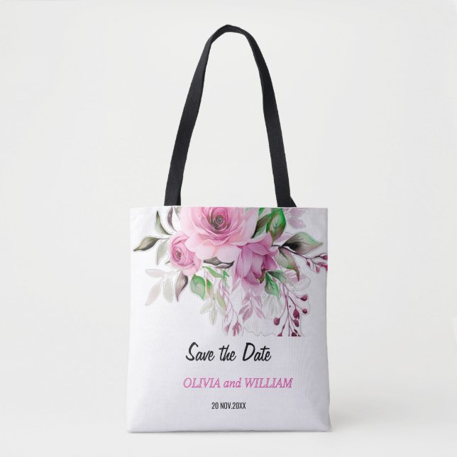 Tote Rosa claro e Floral Roxo Salve a Data Bolsa Ba (Frente)
