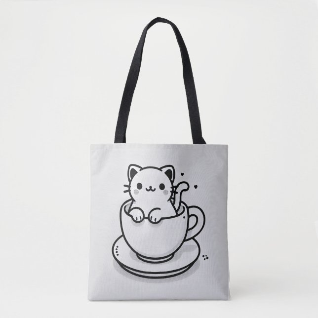 Tote Saca Bolsa de Gatinho Fofo em Xícara de Chá (Frente)