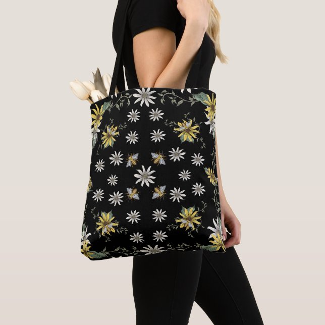 Tote Saco de Tota de Abelha - Bolsa Floral - Preto e Am (Close Up)