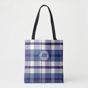 Tote Xadrez Azul com Monograma Personalizado